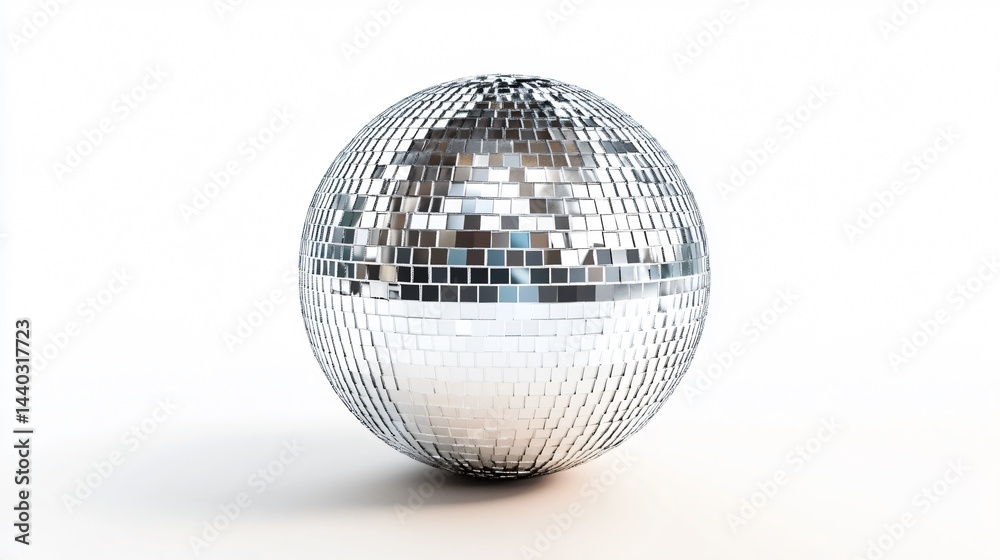 Fototapeta premium Gleaming Silver Disco Ball on White Background for Party Decor and Entertainment Events