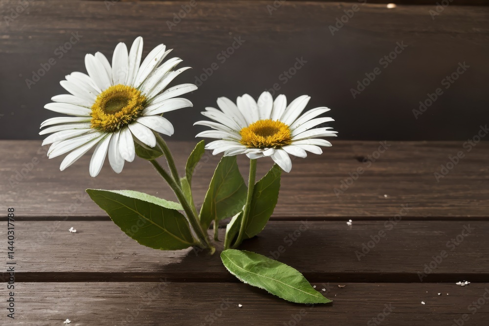 Obraz premium Beautiful White Daisies on a Wooden Surface with Natural Light for Floral Arrangement, Botanical Composition, and Artistic Decor Ideas