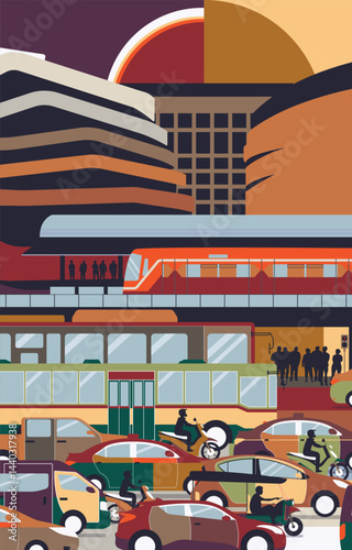 Traffic jam. Traffic jam background. Traffic jam wallpaper. Colorful car, bus, truck, motorcycle and sky train in cityscape. City center with high buildings, road, high way illustration in flat vector
