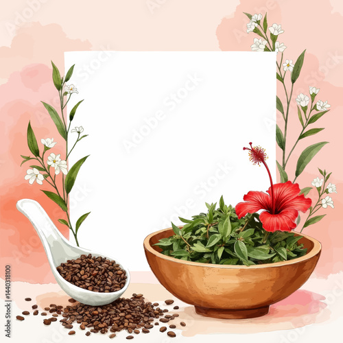 Botanical frame with coffee beans, herbs, and hibiscus