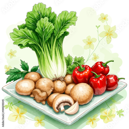 Bok Choy, Mushrooms, and Red Peppers Still Life
Vibrant Bok Choy with Mushrooms and Red Bell Peppers
Fresh Vegetables on Plate with Floral Background