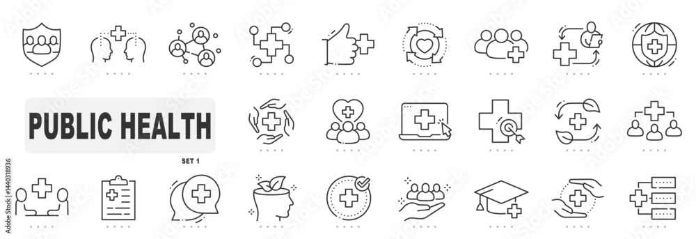 Set of public health related line icons. Healthy, society, protection, service etc. Editable stroke Set of public health related line icons. Healthy, society, protection, service etc. Editable stroke