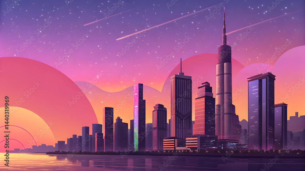 Fototapeta premium Vibrant City Skyline at Dusk with Stars and Colorful Skies