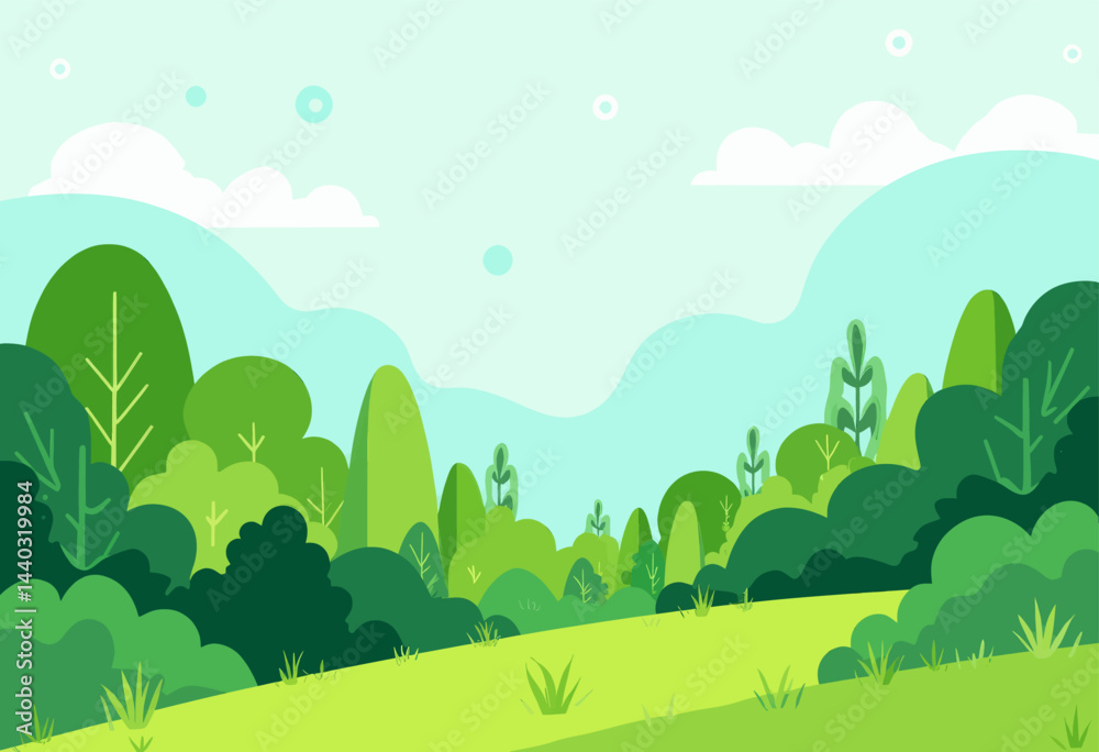 Obraz premium Cartoon Green Landscape with Trees and Clouds