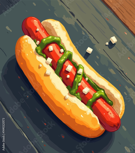Cartoon hotdog with green relish and diced onions