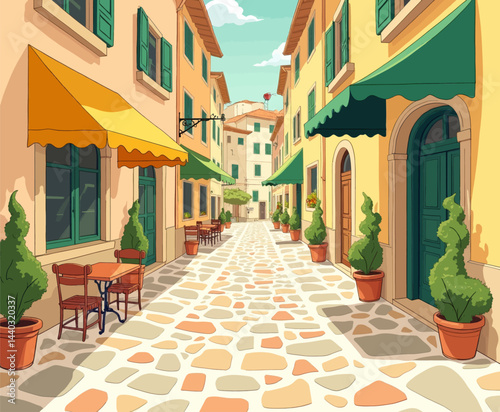 Cartoon Italian street with tables and potted plants