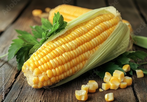 Freshly harvested corn on the cob with green husks and chopped kernels arranged on rustic wooden surface, showcasing nature's bounty and food aesthetics