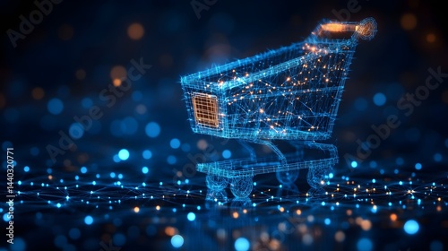 Digital shopping cart in a wireframe style, rendered with blue lines and orange highlights, hovering over a connected network. Abstract wireframe in dark blue