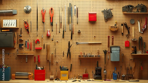 Pegboard wall with multiple home planning tools hanging neatly
