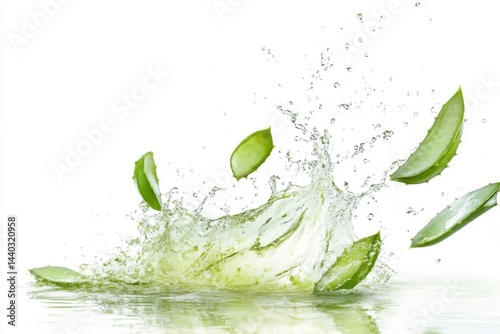 Aloe vera slices falling into water creating a splash on a white background studio shot image