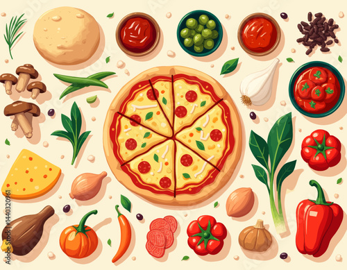 Cartoon Pizza with Ingredients and Toppings Overhead View