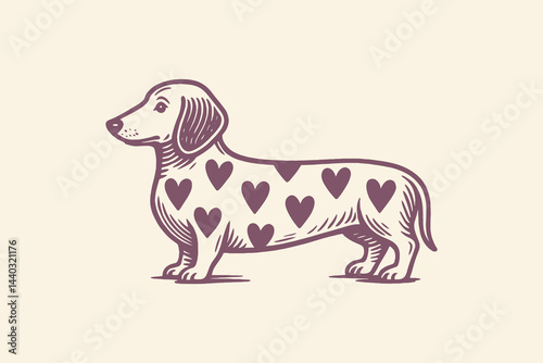 Cute dachshund with heart patterns, vintage engraving style

