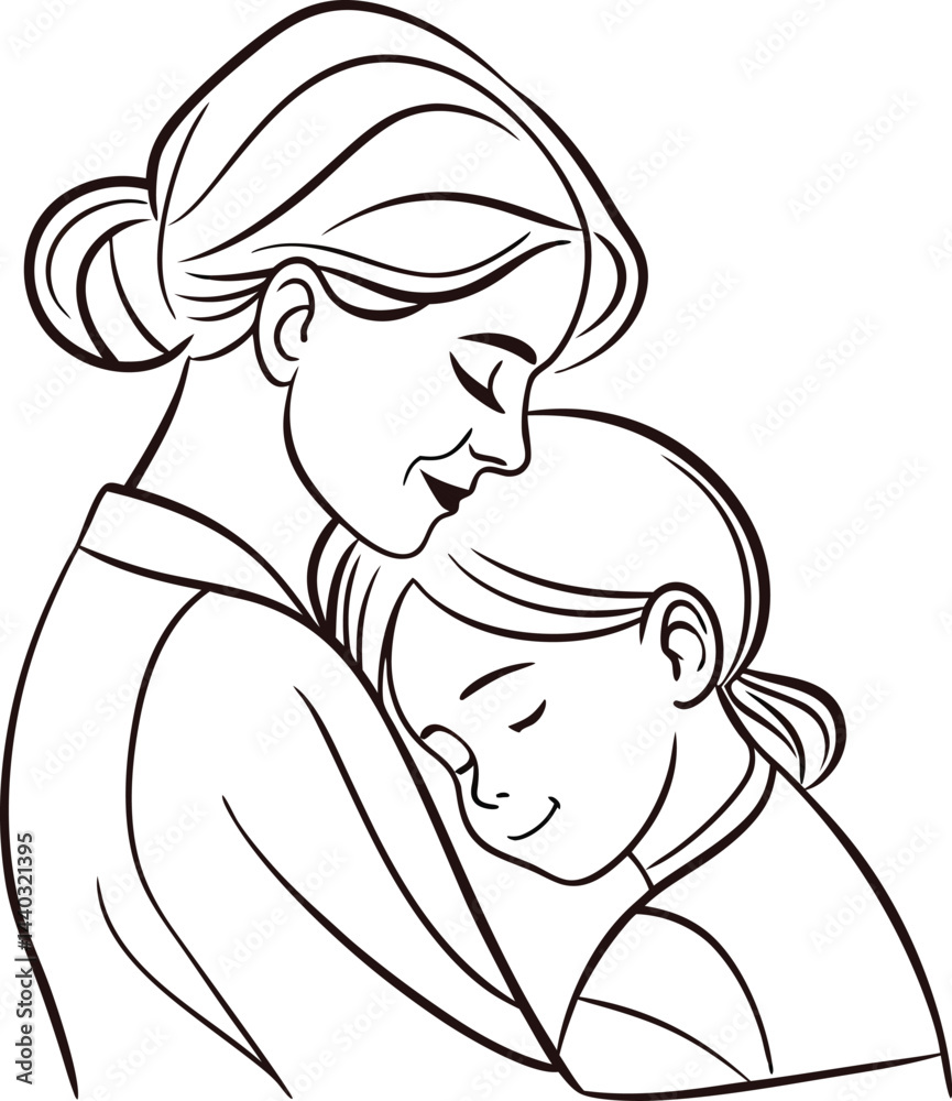 One-line vector drawing of mother hugging daughter, front view, minimal vector line art, centered composition, clean stroke, no face, soft neutral background, emotional modern style, black line design One-line vector drawing of mother hugging daughter, front view, minimal vector line art, centered composition, clean stroke, no face, soft neutral background, emotional modern style, black line design