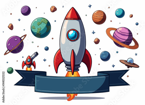 Cartoon Rocket Ship Flying Through Space with Banner