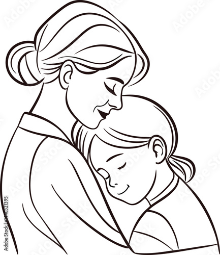 One-line vector drawing of mother hugging daughter, front view, minimal vector line art, centered composition, clean stroke, no face, soft neutral background, emotional modern style, black line design