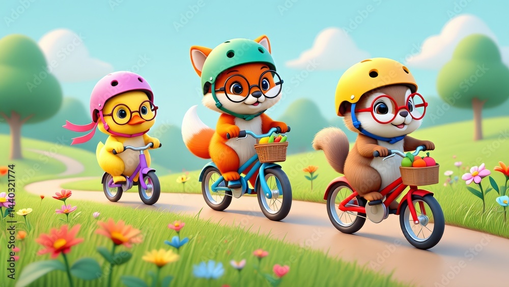Obraz premium Cartoon Tiny Animals Riding Bicycles, Chipmunk, Fox Cub, Duckling, Colorful Park Trail, Bright Helmets, Cheerful Scene, AI Generated