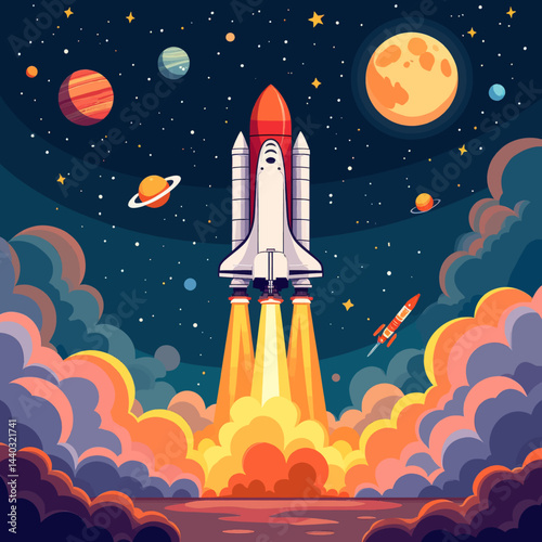 Cartoon Space Shuttle Launching to Planets and Stars