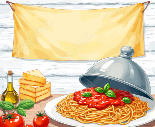 Cartoon Spaghetti with Tomato Sauce and Blank Banner