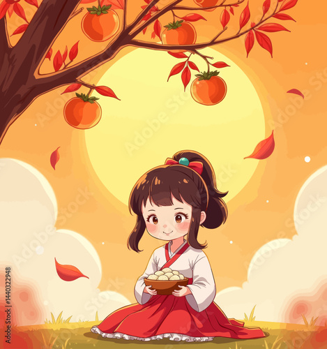 Chibi girl in hanbok with persimmon tree, full moon background