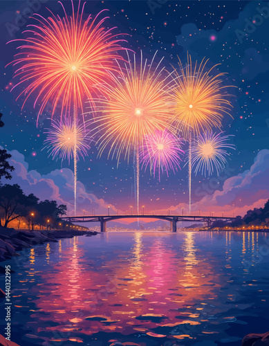 Colorful Fireworks Exploding Over River and Bridge