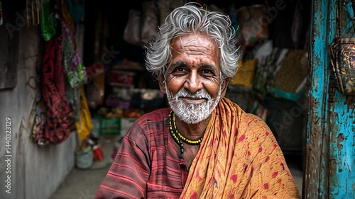 Smiling elderly man selling snacks at a colorful village shop