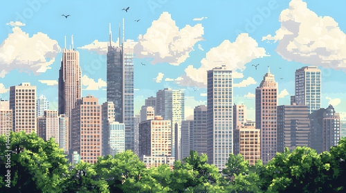 Pixel art city skyline with skyscrapers illustration background