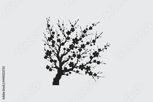 minimalist silhouette of cherry blossom tree in black and white