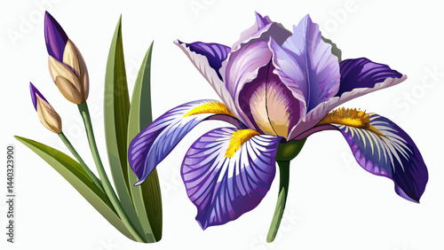 Very beautiful stem with a purple and white plicata flower of bearded iris iris germanica and two unopened buds isolated white background 