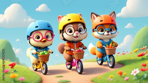Wallpaper Mural Cartoon Tiny Animals Riding Bicycles, Chipmunk, Fox Cub, Duckling, Colorful Park Trail, Bright Helmets, Cheerful Scene, AI Generated Torontodigital.ca