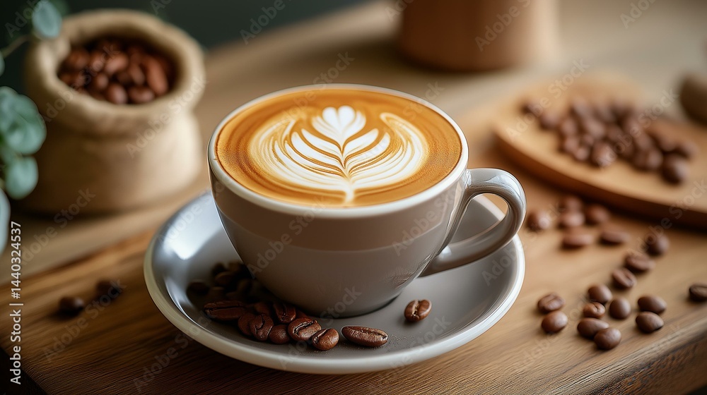 A beautifully crafted latte art in a cozy coffee shop, surrounded by coffee beans and rustic elements. A beautifully crafted latte art in a cozy coffee shop, surrounded by coffee beans and rustic elements.
