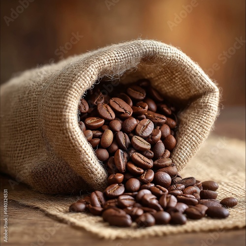 A burlap sack overflows with rich, aromatic coffee beans, ready for brewing. Perfect for coffee lovers and baristas.