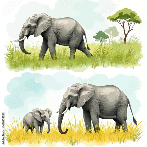 Elephant Family in Grassy Savannah Watercolor Style