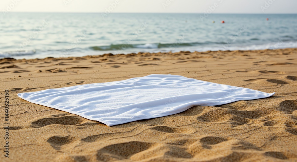 Obraz premium White Towel Lying on Beach Sand Near Ocean Water