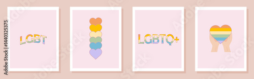 **Vector set of retro greeting cards for LGBT Pride Month. Social media post with queer slogans and phrase. LGBT rainbow flag colors, love word in heart shape and Gay Pride