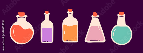 Colourful set collection of potion jars with magic liquids and substances. Design element icon for poison bottles or elixir illustrations