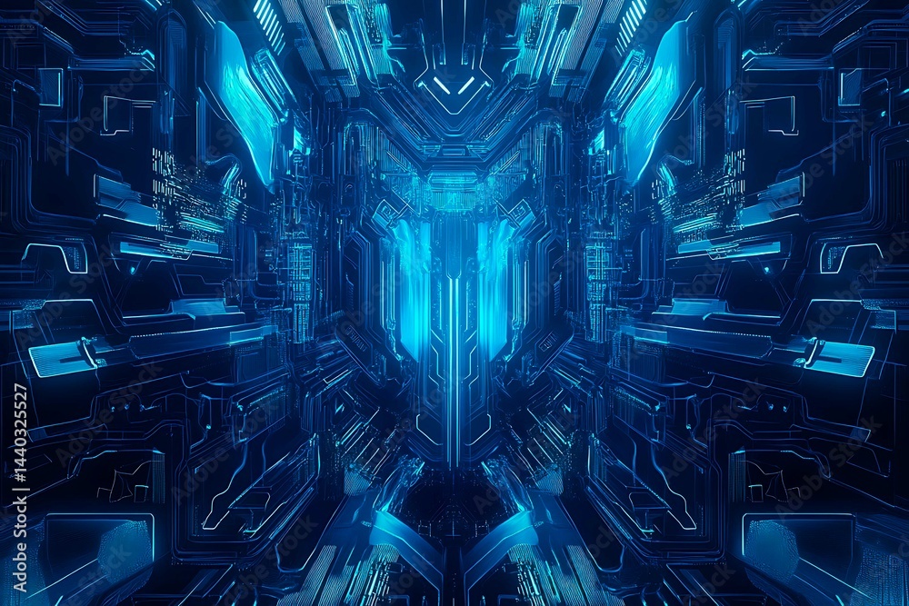 Abstract close-up of a glowing blue digital circuit board, showcasing intricate connections and technological design on a black background.