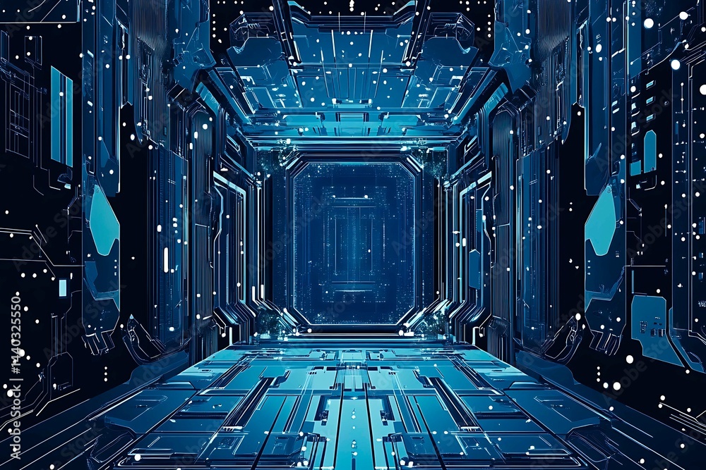Abstract close-up of a glowing blue digital circuit board, showcasing intricate connections and technological design on a black background.