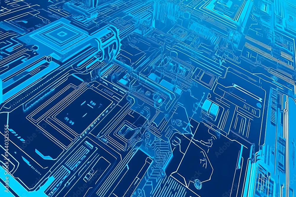 Abstract close-up of a glowing blue digital circuit board, showcasing intricate connections and technological design on a black background.