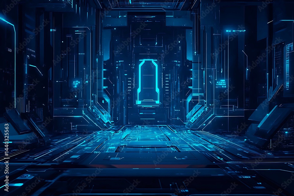 Abstract close-up of a glowing blue digital circuit board, showcasing intricate connections and technological design on a black background.
