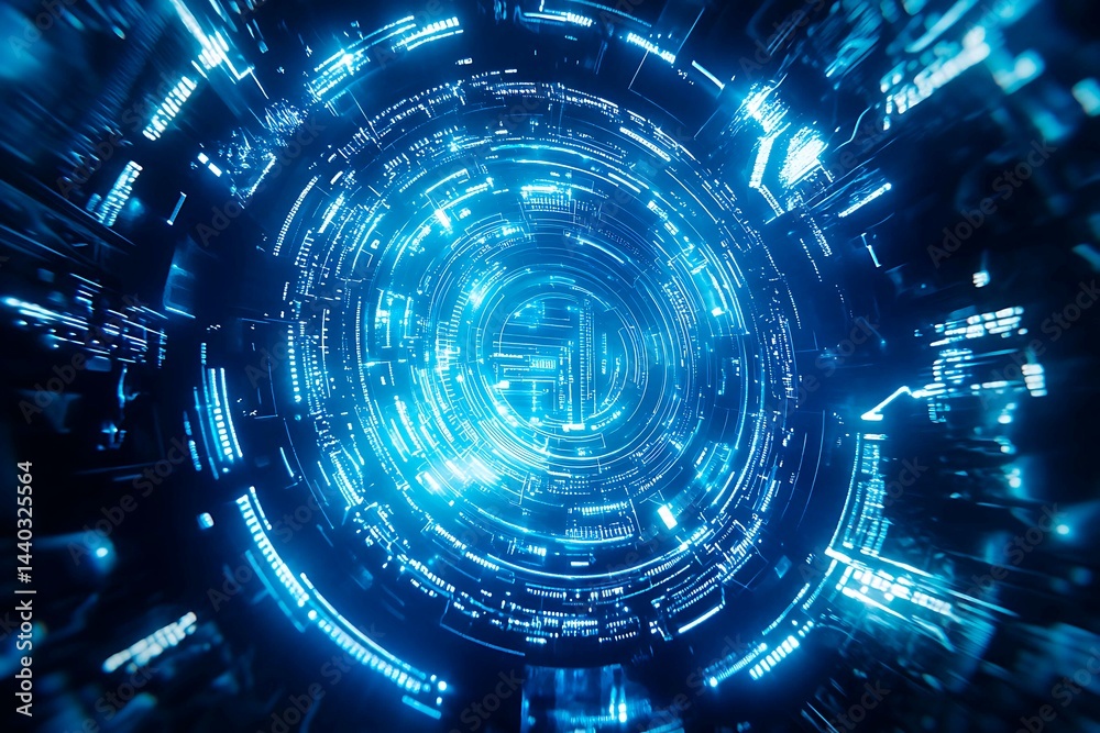 Abstract close-up of a glowing blue digital circuit board, showcasing intricate connections and technological design on a black background.