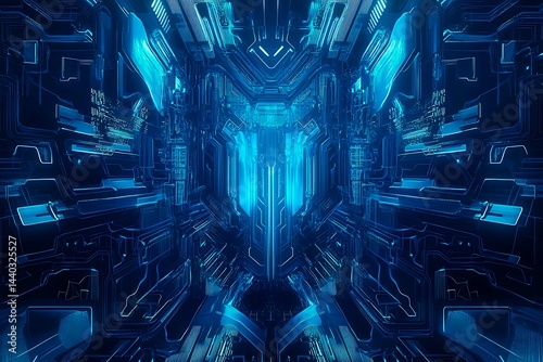 Obraz na płótnie Abstract close-up of a glowing blue digital circuit board, showcasing intricate connections and technological design on a black background.
w salonie