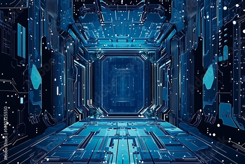 Obraz na płótnie Abstract close-up of a glowing blue digital circuit board, showcasing intricate connections and technological design on a black background.
w salonie