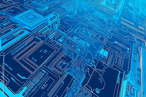 Obraz na płótnie Abstract close-up of a glowing blue digital circuit board, showcasing intricate connections and technological design on a black background.
w salonie
