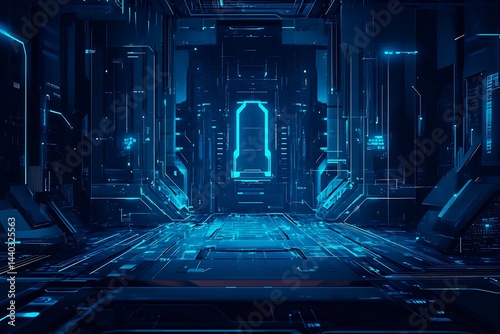 Obraz na płótnie Abstract close-up of a glowing blue digital circuit board, showcasing intricate connections and technological design on a black background.
w salonie