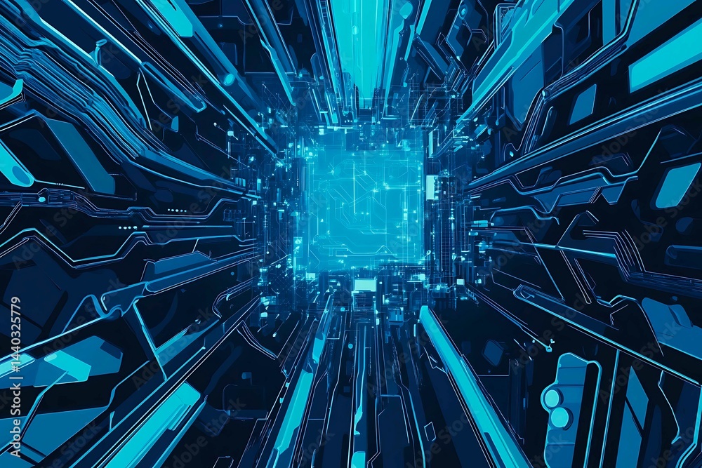 Abstract close-up of a glowing blue digital circuit board, showcasing intricate connections and technological design on a black background.