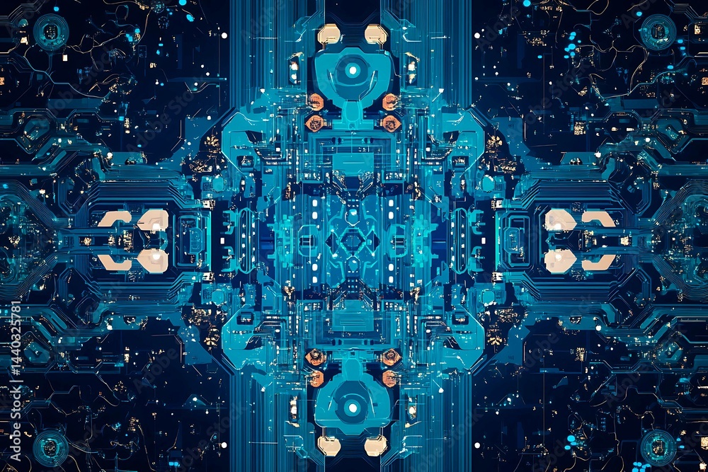Abstract close-up of a glowing blue digital circuit board, showcasing intricate connections and technological design on a black background.