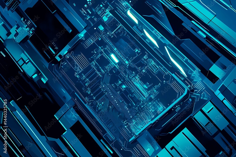 Abstract close-up of a glowing blue digital circuit board, showcasing intricate connections and technological design on a black background.