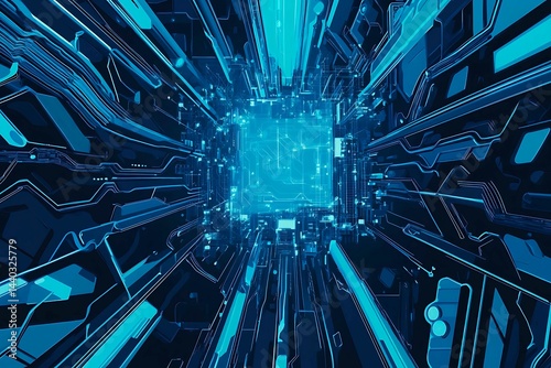 Obraz na płótnie Abstract close-up of a glowing blue digital circuit board, showcasing intricate connections and technological design on a black background.
w salonie