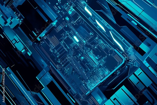 Obraz na płótnie Abstract close-up of a glowing blue digital circuit board, showcasing intricate connections and technological design on a black background.
w salonie
