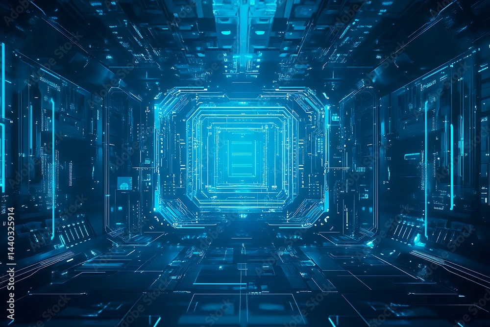 Abstract close-up of a glowing blue digital circuit board, showcasing intricate connections and technological design on a black background.